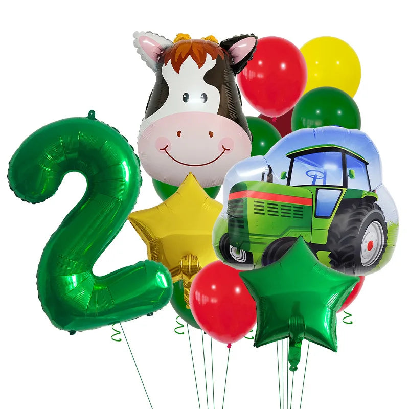 14pcs Farm Themed Tractor Milk Cow Head Balloon 32 inch Green Number Birthday Balloon Set Festive Party Decoration Birthday Gift Good Vibrations