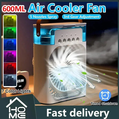 Portable 3 in 1 fan air cooler with 600ML water tank, 5 nozzle spray, 3-speed adjustment, and 7 color LED lights for home use