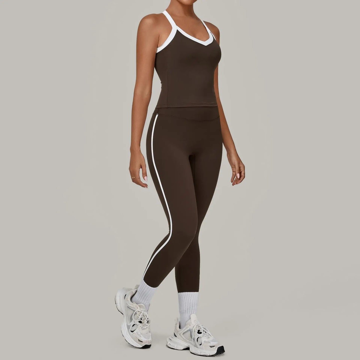 Autumn Yoga Outfit for Women V Neck Sports Tank Top Sets with Chest Pad Workout Leggings Sports Tracksuit Jogging Tights Good Vibrations