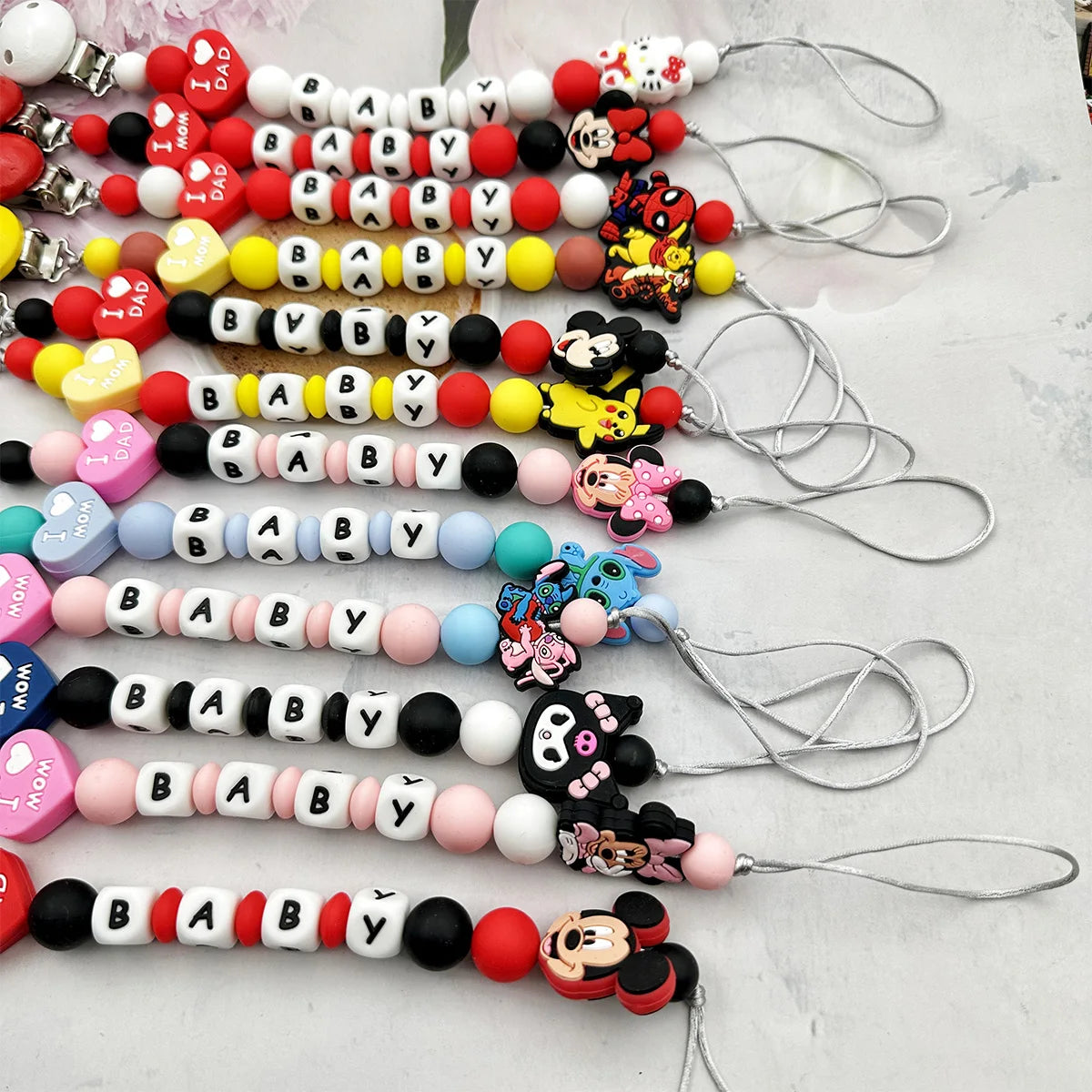 Personalized English Letters Baby Silicone Cartoon Disne Pacifier Clips Chains Holder Teether Pendants Teething Kawaii Baby Gift Good Vibrations