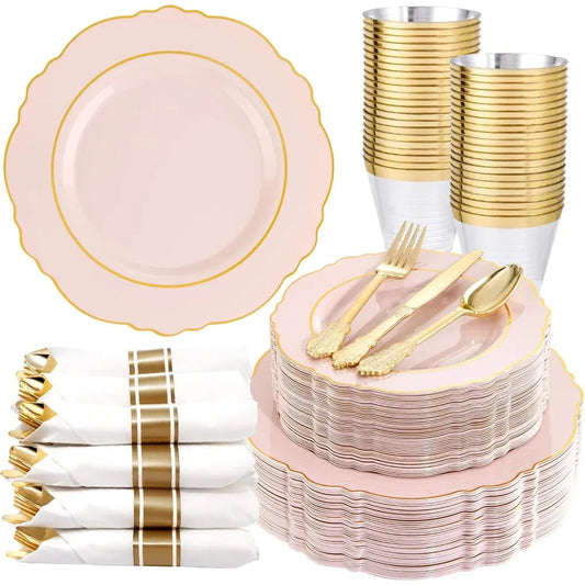 350PCS Pink Plates Disposable-50guest Baroque Plastic Dinnerware include 100Plates,50Pack Pre Rolled Napkins w/Silverware 50Cups Good Vibrations