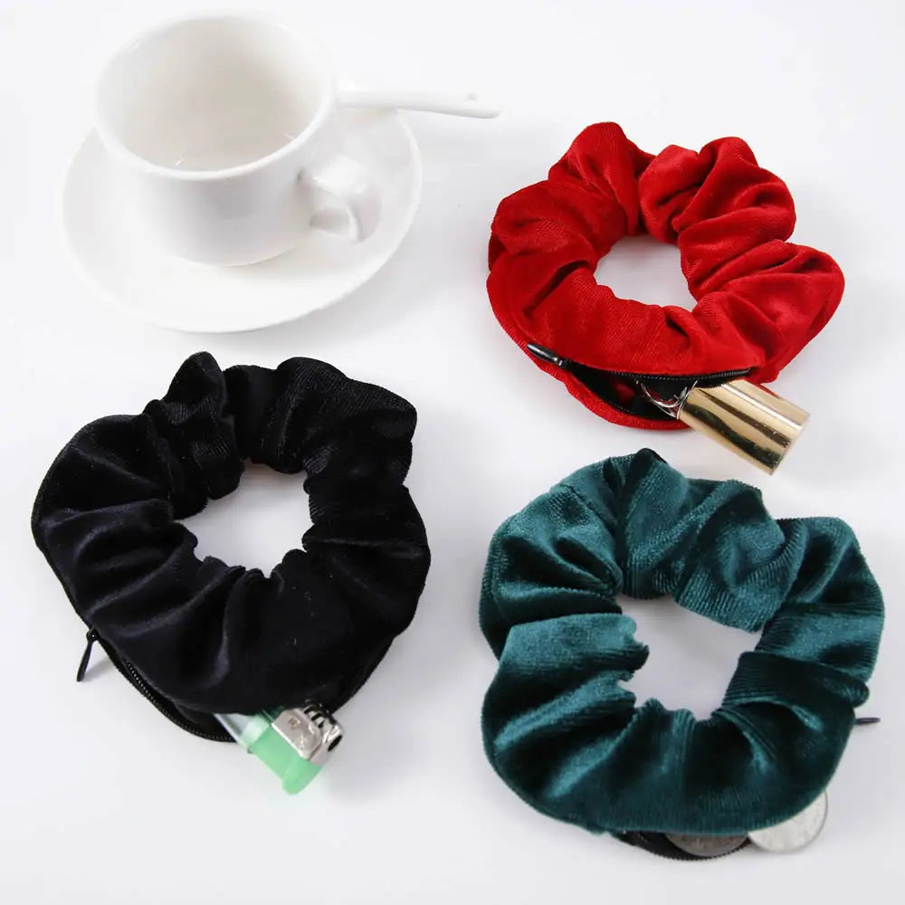 Portable ⁣Hidden Safe Sight Secret Hair Tie Storage Case Hair Scrunchie With Zipper Hide Key Cash jewelry For Travel Outdoor