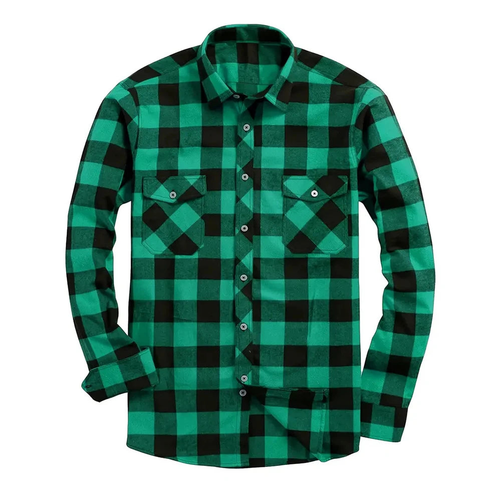 New Plaid Flannel Shirt for Men Long Sleeve Casual Shirts Spring Autumn Button -up 2-Pocket Colthing Tops Classic Men's Shirts Good Vibrations