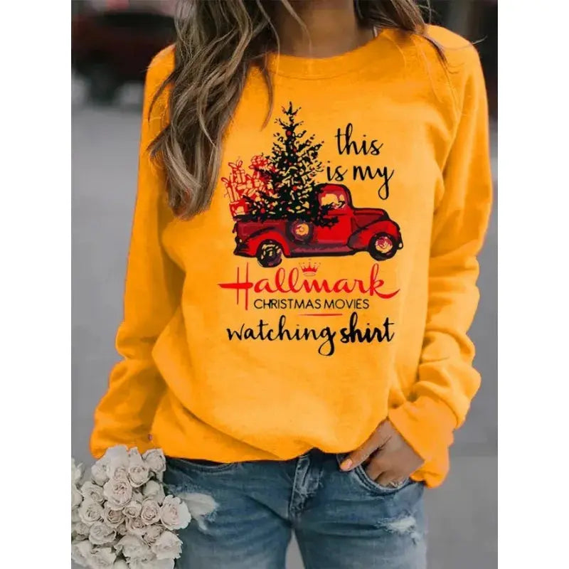 Christmas Tree Car Printed Long Sleeve Collar Loose Round Neck Hoodie Winter Autumn Graphic T Shirts  Women Clothing Good Vibrations