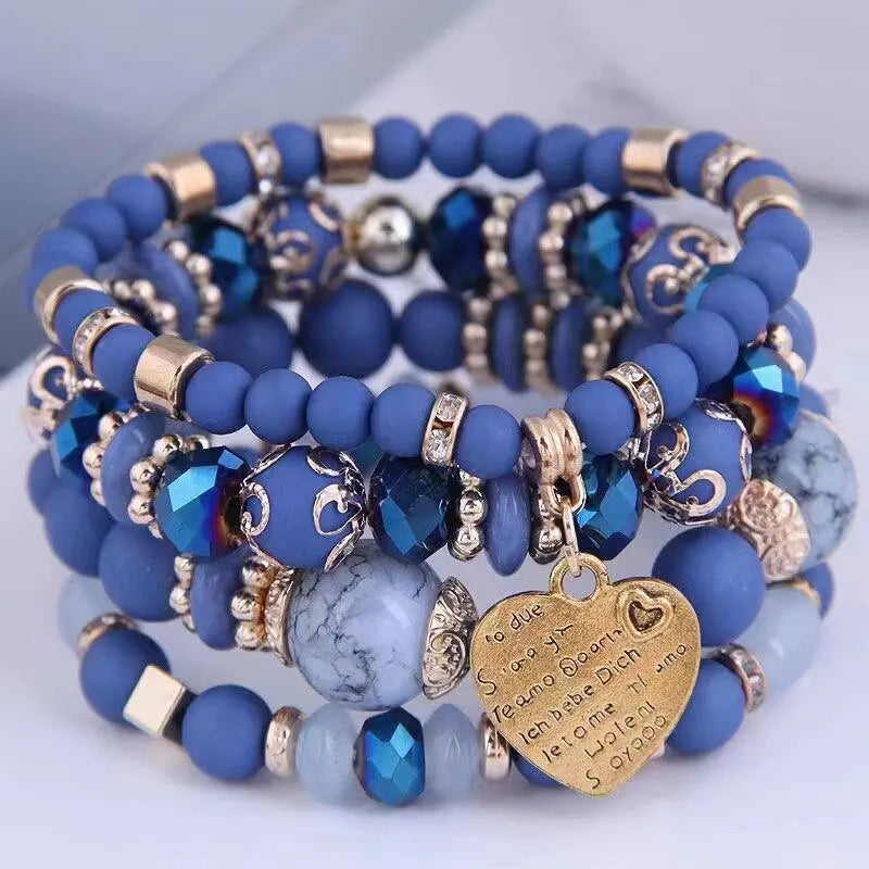 4pcs/set Boho Strand Bracelets For Women Crystal Beads Bracelets Heart Letter Elastic Bangles Wristband Yoga Jewelry Gifts Good Vibrations