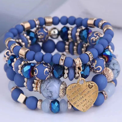 4pcs/set Boho Strand Bracelets For Women Crystal Beads Bracelets Heart Letter Elastic Bangles Wristband Yoga Jewelry Gifts Good Vibrations