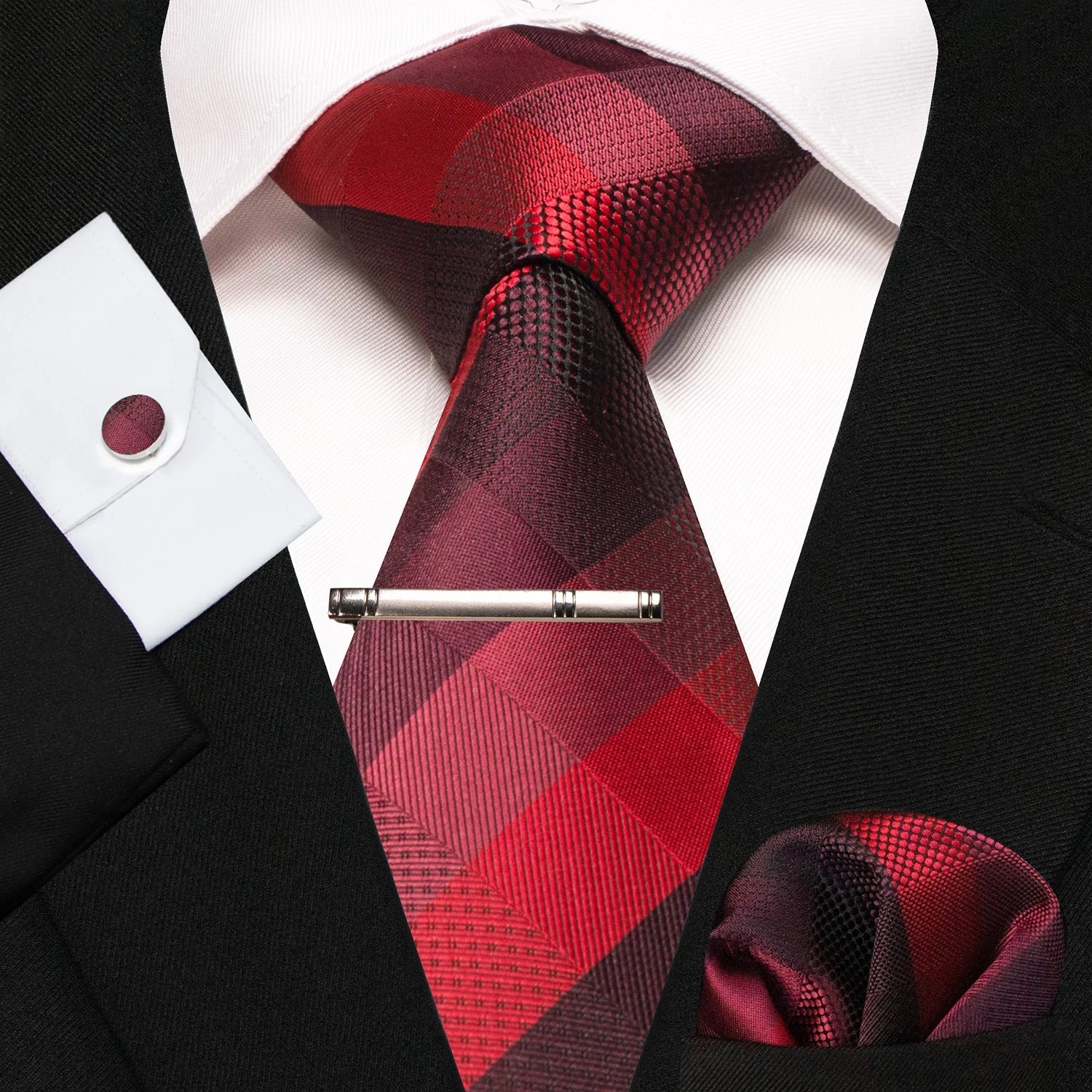 8cm Silk Mens Ties Green Black Ties plaid stripe NeckTie Pocket Square Cufflinks Tie clips Set Men's Wedding business Party Tie Good Vibrations