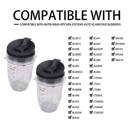 2 Pcs 18Oz Replacement Ninja Blender Cups with Lid for Ninja Auto IQ BL480 BL642 BL450 BL682 BL480, BL490, BL640 BL680 Good Vibrations