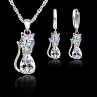 Real 925 Sterling Silver Color Jewelry Sets for Woman Girls Shining Austrian Crystal Cute Cat Pendant Necklace Huggie Earring Good Vibrations