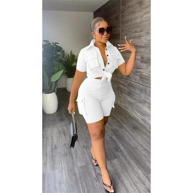 Streetwear Two Piece Set for Women Summer Outfits Pockets Short Sleeve Button-Up Shirt Top Short Sets Party Club Matching Sets Good Vibrations