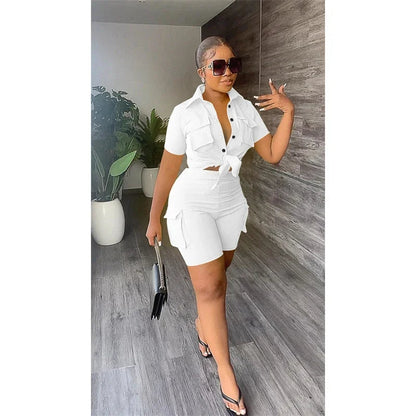 Streetwear Two Piece Set for Women Summer Outfits Pockets Short Sleeve Button-Up Shirt Top Short Sets Party Club Matching Sets Good Vibrations