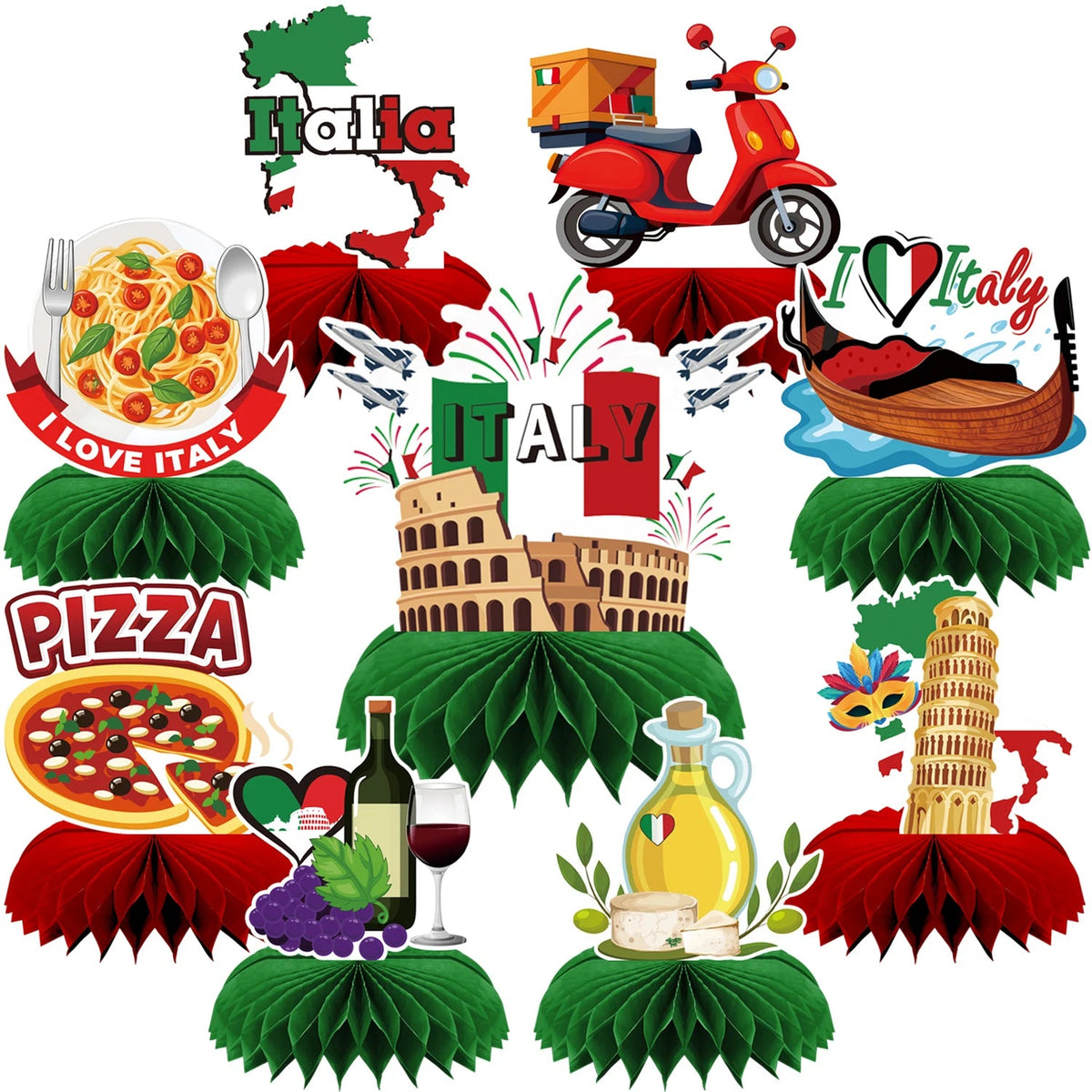 9 PCS Italian Party Centerpieces Decorations Honeycomb Tables Decor Flag Red White Green Carnevale Di Venezia Birthday Decor Good Vibrations