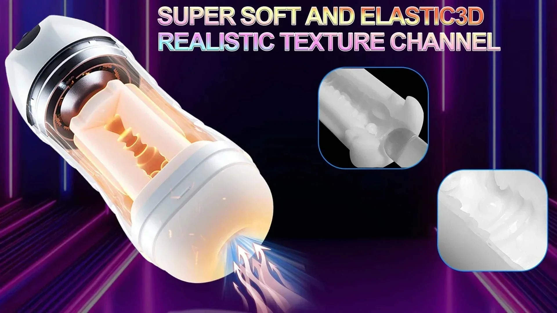 Automatic telescopic male masturbator cup with realistic texture channel for men.