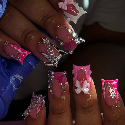 24pcs Nude Pink Sweet Fake Nails Short Duckbill Leopard Print French False Nails With 3D Bowknots Butterfly Cherry Press On Nail Good Vibrations