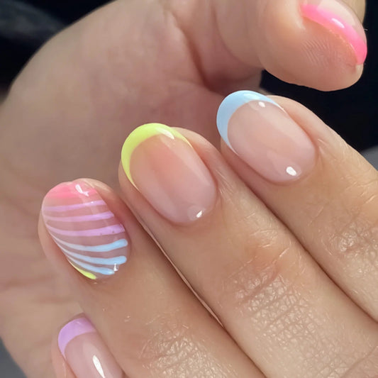 24PCS Colorful French False Nails Diagonal Stripe Design Short Round Fake Nails Elegant Press On Nail Tips for Women Girls Good Vibrations