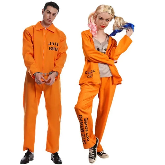 Halloween couple style orange prisoner cosplay jumpsuit costume set for adults