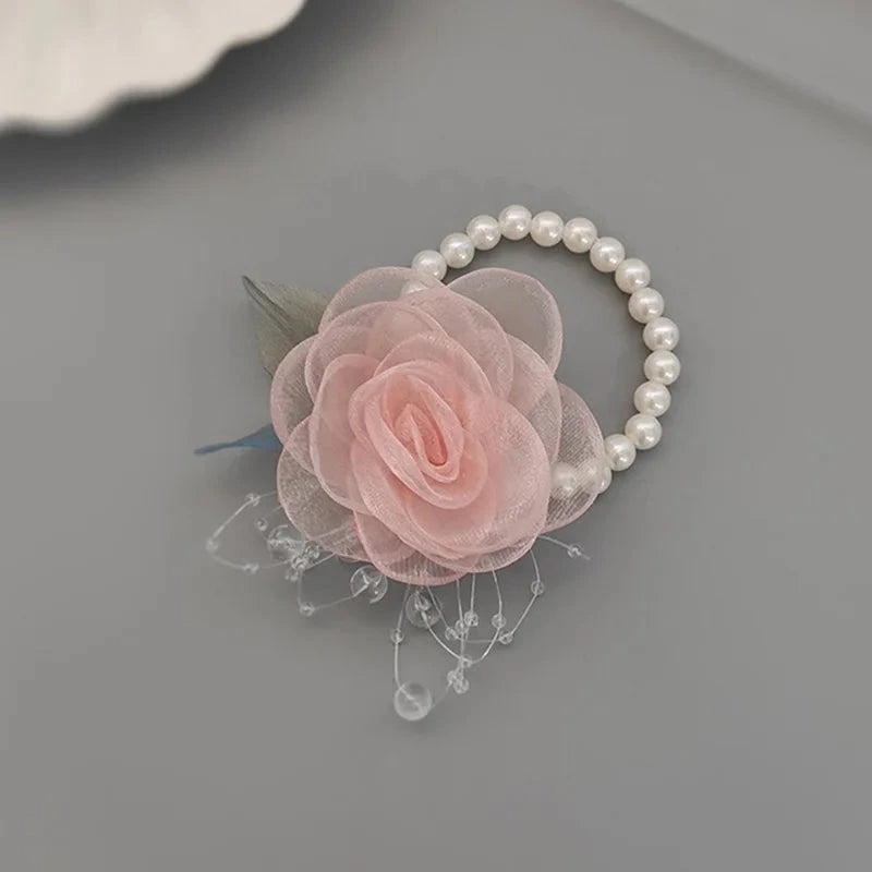 Girls Bridesmaid Wrist Flowers Pearl Ribbon Rose Bracelet for Wedding Prom Party Bride to Be Bridesmaid Gift Wedding Accessories Good Vibrations