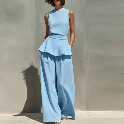 Office Lady Outfits Women Fashion Two Piece Set Summer Sleeveless O Neck Vest Sleeveless Shirt High Waist Pants Suit Work Wear Good Vibrations