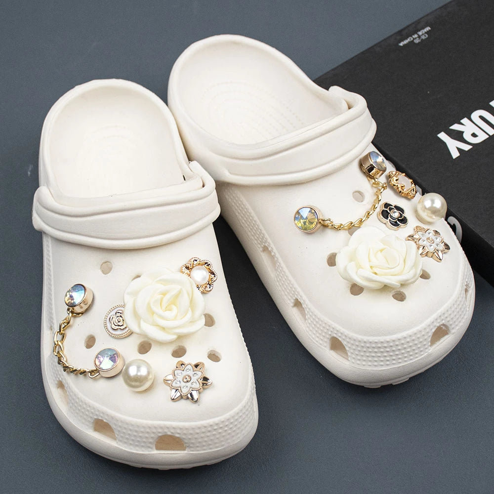 Shoe Charms DIY Fabric Rose Camellia Pearl Chain Decoration Buckle for Hole Shoe Charm Set Accessories Kids Party Girls Gift Good Vibrations