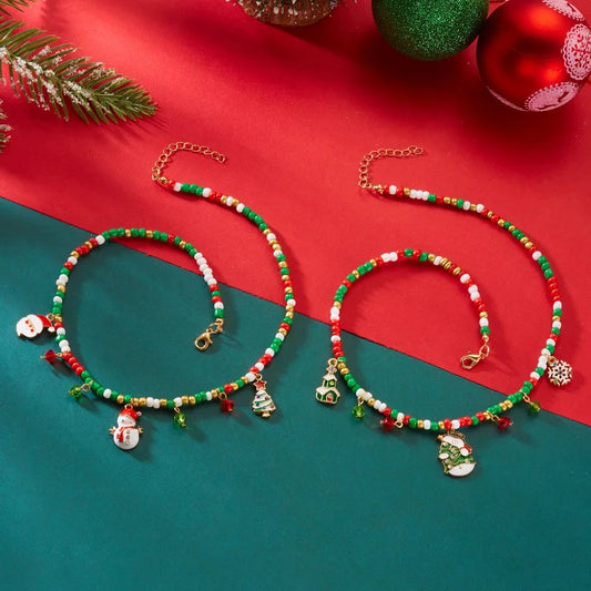 Christmas Necklaces for Women Girls Handmade Rice Beads X'mas Tree Santa Claus Snowman Gift Necklace Pendant New Year Jewelry Good Vibrations