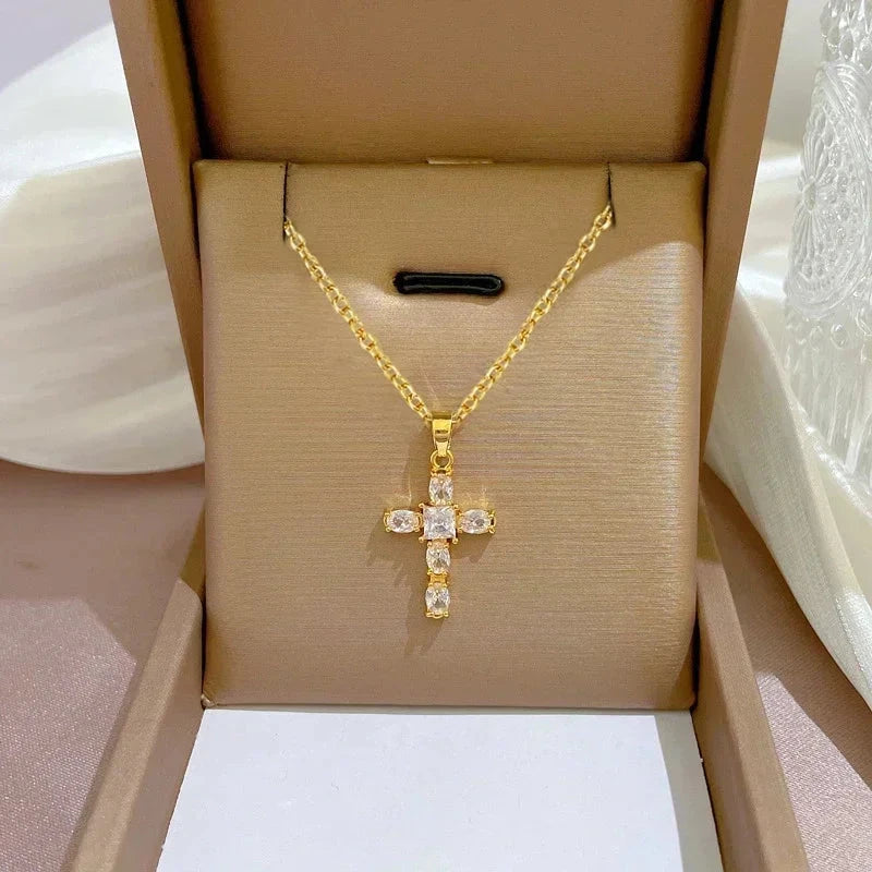 Luxury Cross Necklace for Women White/Black/Pink Cubic Zirconia Pendant Trendy Female Wedding Accessories Fashion Jewelry Good Vibrations