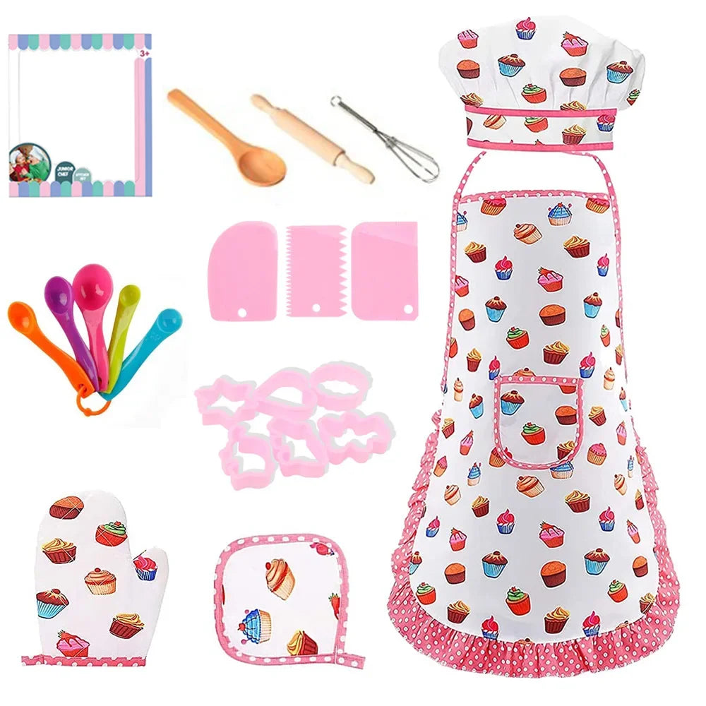 Apron for Little Girls 4/11Pcs Kids Kitchen Cooking Baking Pretend Play Set Simulation Pink Chef Baking Tool Play House Toys Good Vibrations