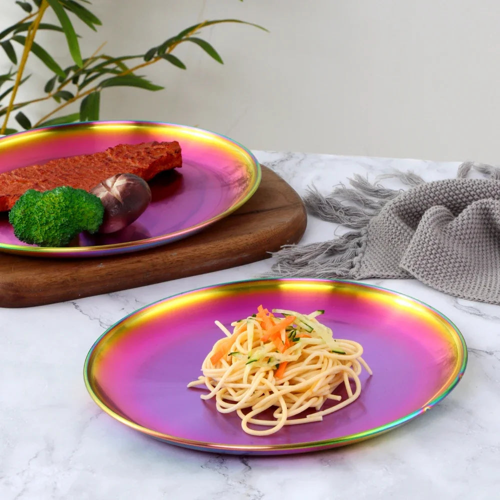 Stainless Steel Dinner Plates European Style Dessert Plate Kitchen Serving Dishes Salad Plate Cake Tray Western Steak Round Tray Good Vibrations