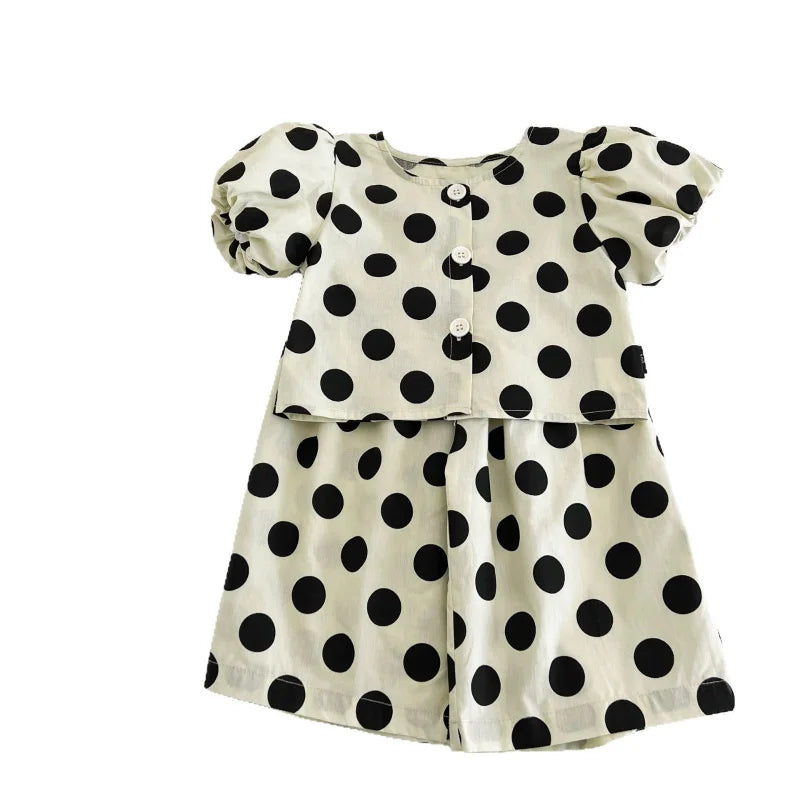Korean-style new summer girls' outfit: round polka dot short top and loose wide-leg pants two-piece children's clothing set Good Vibrations