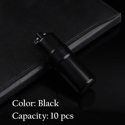 Black 1 pc metal cigarette case with keychain, waterproof, capacity 10 pcs, on black surface.