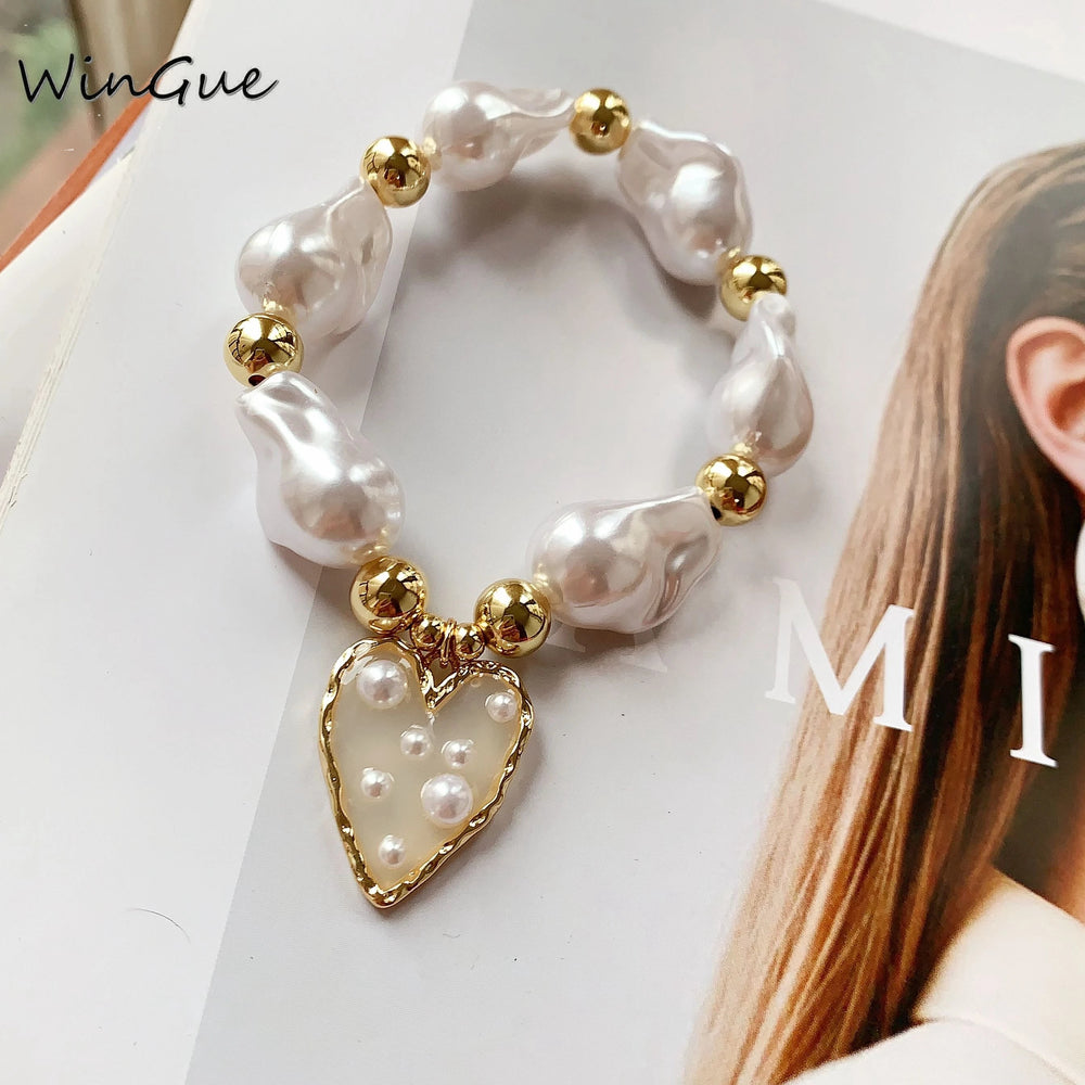 1 Pcs Baroque Imitation Pearl Bead Bracelet Women's Jewelry 18K Gold Plated Elastic Bracelet Good Vibrations