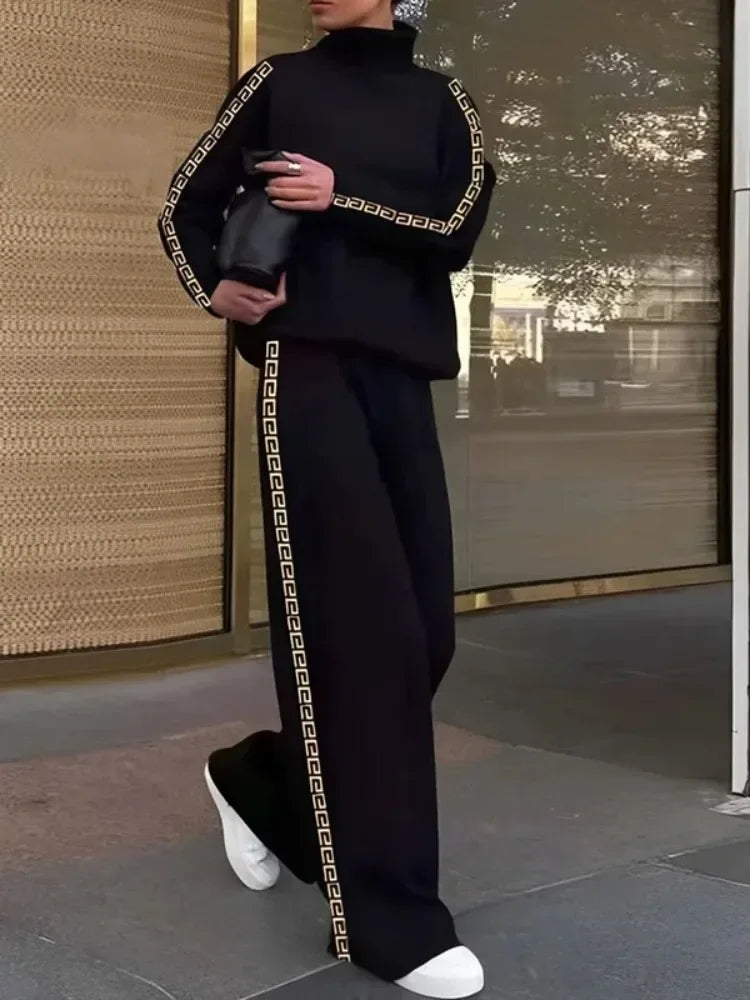 Missuoo 2025 Spring Casual Pant Sets for Women Side-striped Loose Fit Sweatshirt Suit Stand Collar Shirt Top & High Waist Pants Good Vibrations