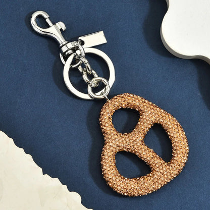 Rhinestone Pretzel Bag Charm Keychain Crystal Gold Hardware Sparkly Purse Pendant Accessory Cute Funny Foodie Gifts For Friends Good Vibrations