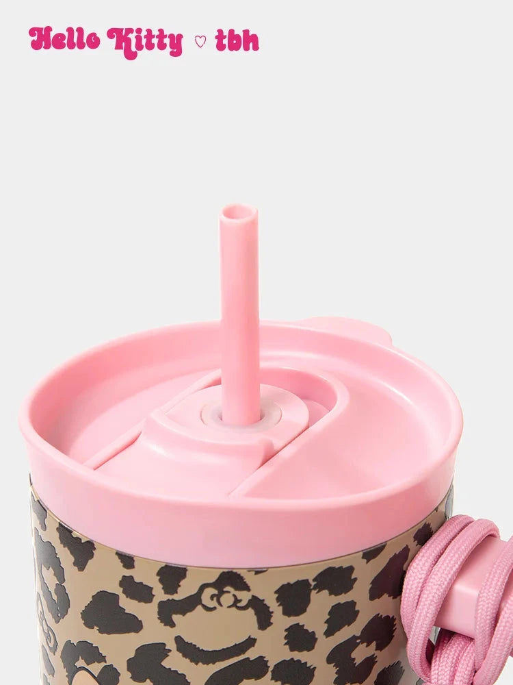 TBH Leopard Print Kitty Series Straw Thermos Cup Travel Sports Water Bottle Stainless Steel Cold Insulation Cup Girls Gift Good Vibrations