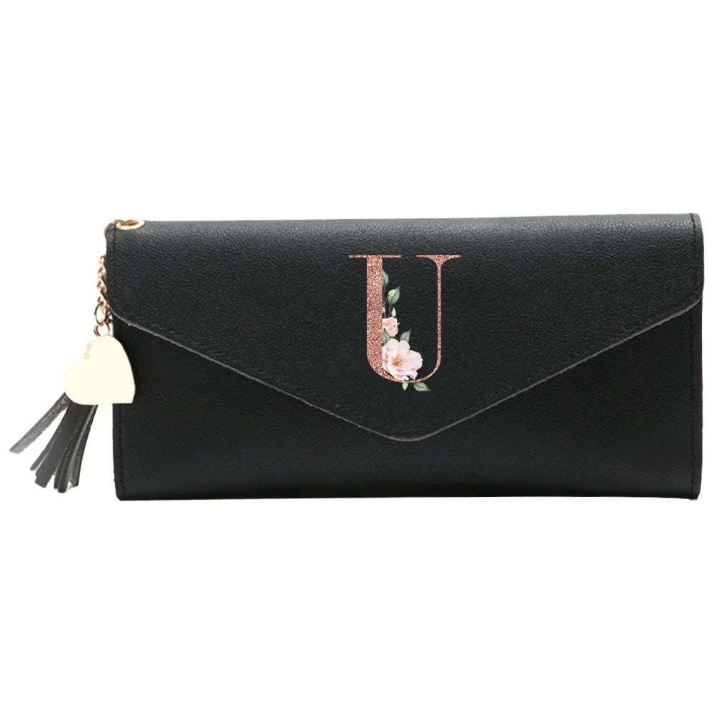 Wallet Black Small Leather Coin Purse Rfid Blocking Wallet Rose Gold Pattern Mini Purse with ID Window for Women Good Vibrations