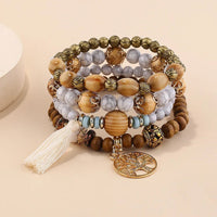 4Pcs/Set Boho Wooden Beaded Bracelet Set For Women Tree Of Life White Tassels Charm Elastic Chain Bangle Lady Bohemia Jewelry Good Vibrations