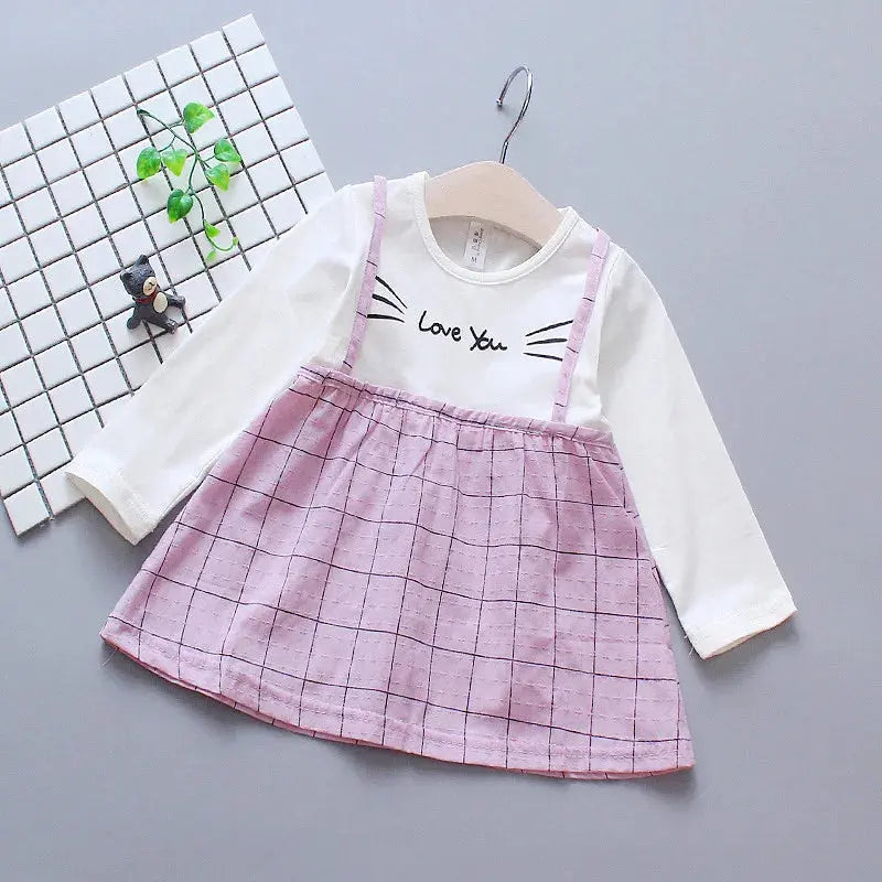 Checked Suspender Splicing Infant Dress Spring And Autumn Girls' Baby Long-Sleeved Dress Simple Girl Children'S Clothing Good Vibrations
