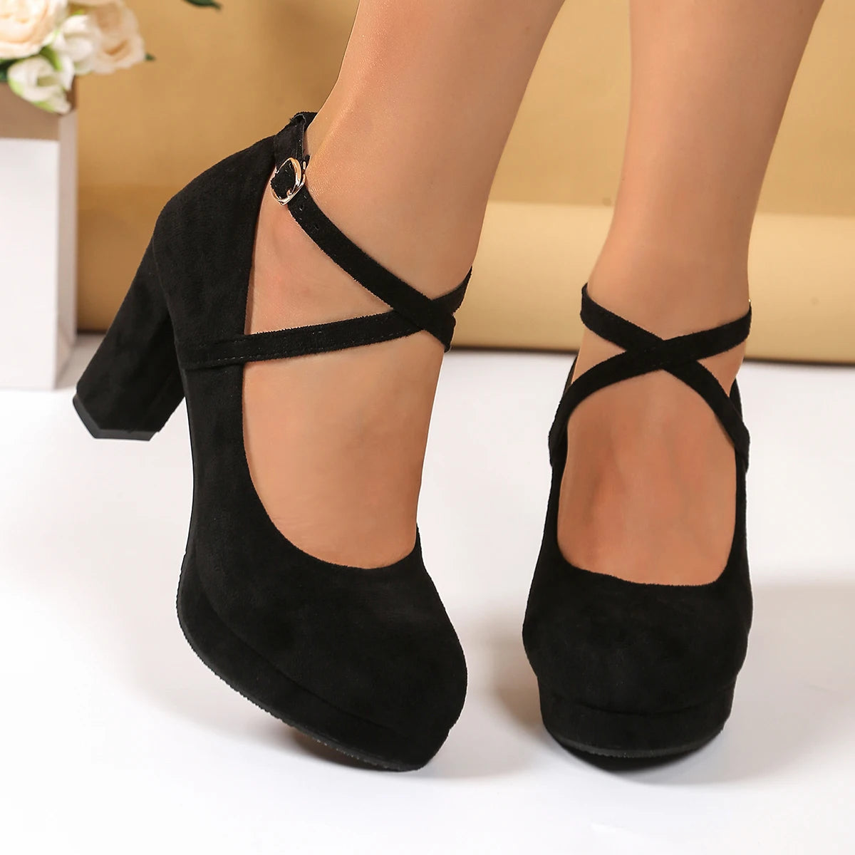 Women Shoes on Heels Women Platform Pumps Spring Summer Shallow Cross Strap Buckle Shoes Round Toe Shoes for Women High Heels Good Vibrations