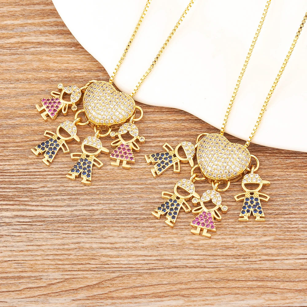 Nidin Fashion Hot Family Member Pendant Necklace Micro-Studded Zircon Love Heart Boy Girl Parent-Child Jewelry Mother's Day Gift Good Vibrations