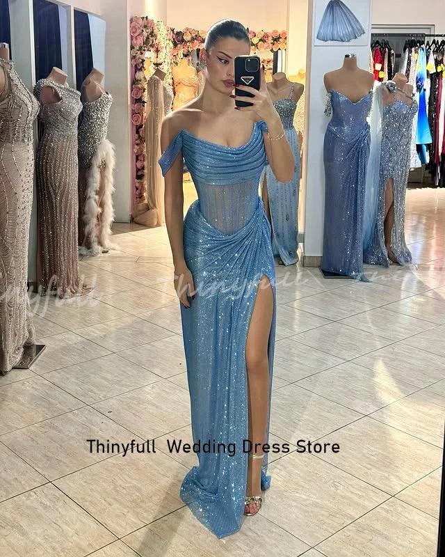 Thinyfull Mermaid Off Shoulder Prom Dresses Sleeveless Glitter Evening Dress 2025 Split Formal Gown robes de soirée Customized Good Vibrations