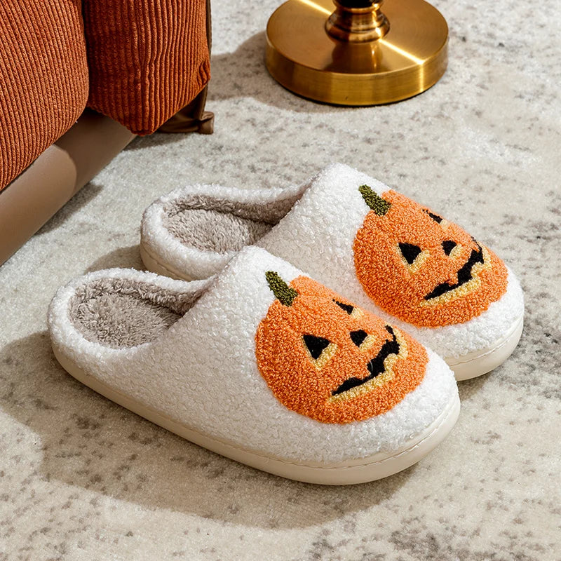 Smile Pumpkin Halloween Women's Slippers Winter Indoor Cartoon Comfort Home Bedroom Soft Causal Flat Plush Shoes for Gift Good Vibrations