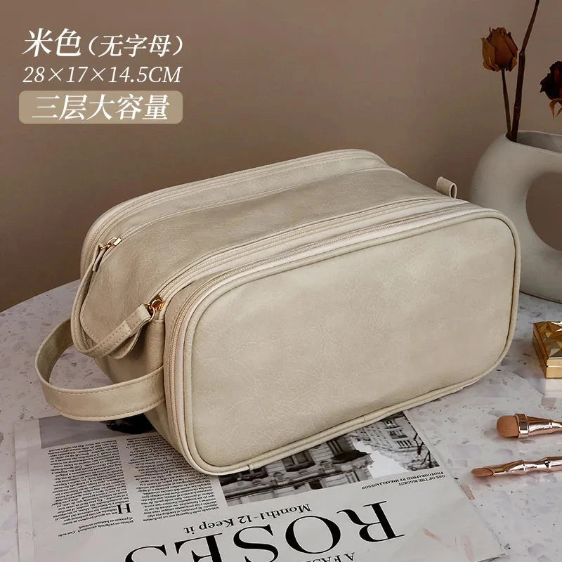 Multifunctional Makeup Bag For Women PU Leather Large Capacity Portable Double Zipper Travel Makeup Brush Toiletries Storage Bag Good Vibrations