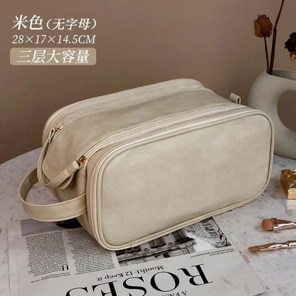 Multifunctional Makeup Bag For Women PU Leather Large Capacity Portable Double Zipper Travel Makeup Brush Toiletries Storage Bag Good Vibrations