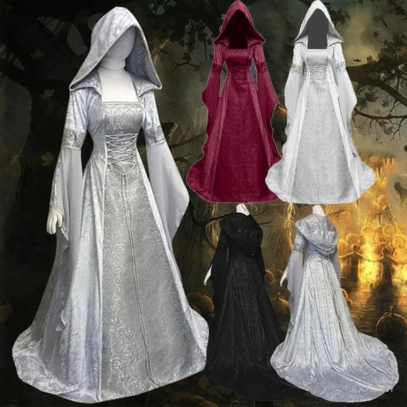 Halloween Women Hooded Gothic Dress Costume Cosplay Medieval Corset Renaissance Victorian Dresses Retro Style Holiday Party Good Vibrations