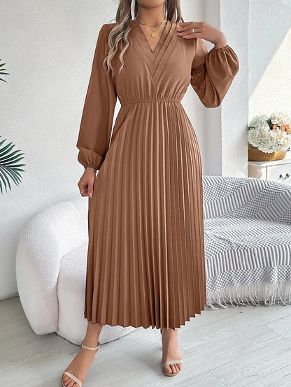 Elegant Dresses for Woman 2025 Autumn Winter Solid Color V Neck High Waist Pleated Maxi Dress Red Black Green Good Vibrations