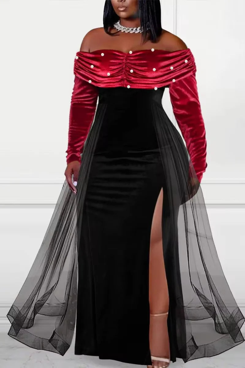 Women's Plus Size Formal Dress Off The Shoulder Pearl-Embellished Overlay Skirt Velvet Split Maxi Dress Party Evening Dress Good Vibrations
