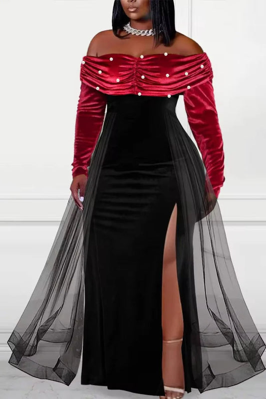 Women's Plus Size Formal Dress Off The Shoulder Pearl-Embellished Overlay Skirt Velvet Split Maxi Dress Party Evening Dress Good Vibrations