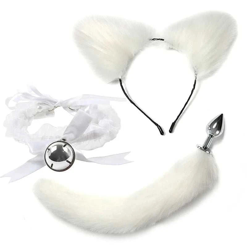 VaHppy SM BDSM Sex Toy Sets role-playing Fox 5pcs/lot Plush Anal Plug Tail Bell Collar Mouth Plugs White/Black/Pink Couple games GOOD Vibrations