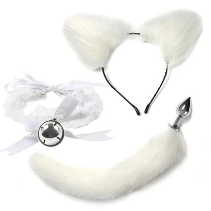VaHppy SM BDSM Sex Toy Sets role-playing Fox 5pcs/lot Plush Anal Plug Tail Bell Collar Mouth Plugs White/Black/Pink Couple games GOOD Vibrations