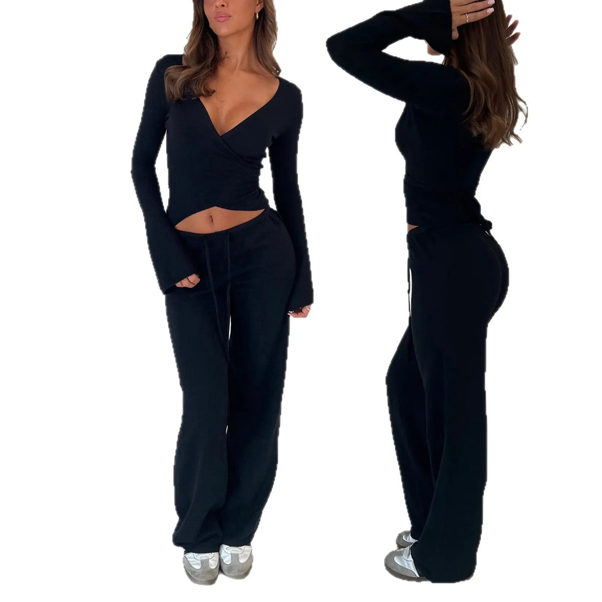Women Fashion Lounge Set Vintage 2 Piece Outfit V Neck Waist Tie T-shirt + Elastic Waist Pants Autumn Long Sleeve Crop Tops Good Vibrations