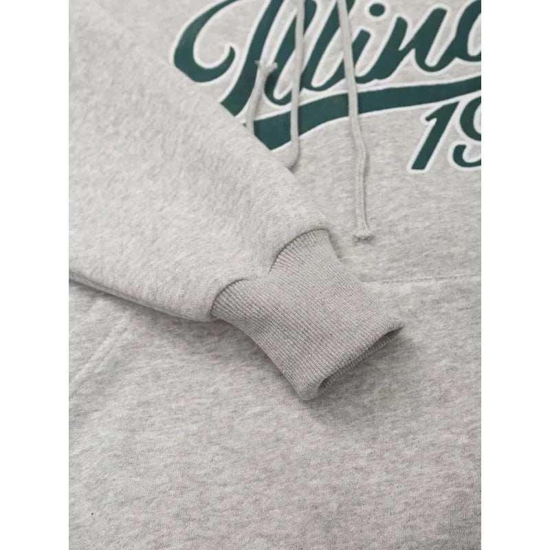 Women's Set Two Pieces Elegant Casual Women's Set Autumn Outfits Sweat Suit Sets Basics Grey Letter Hoodies Sets Good Vibrations